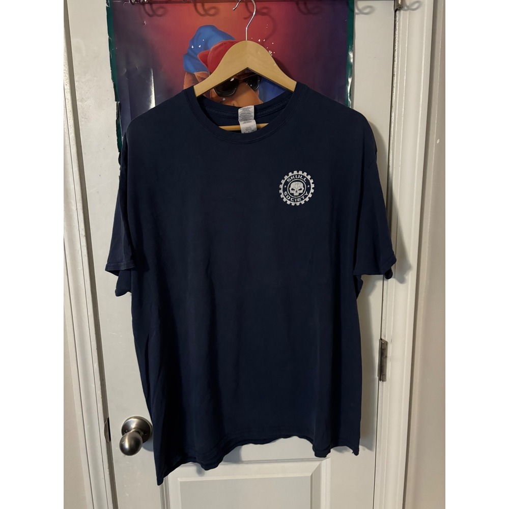 Skull Society Navy Blue Motorcycle Graphic T-Shirt Mens XL Funny Biker Tee